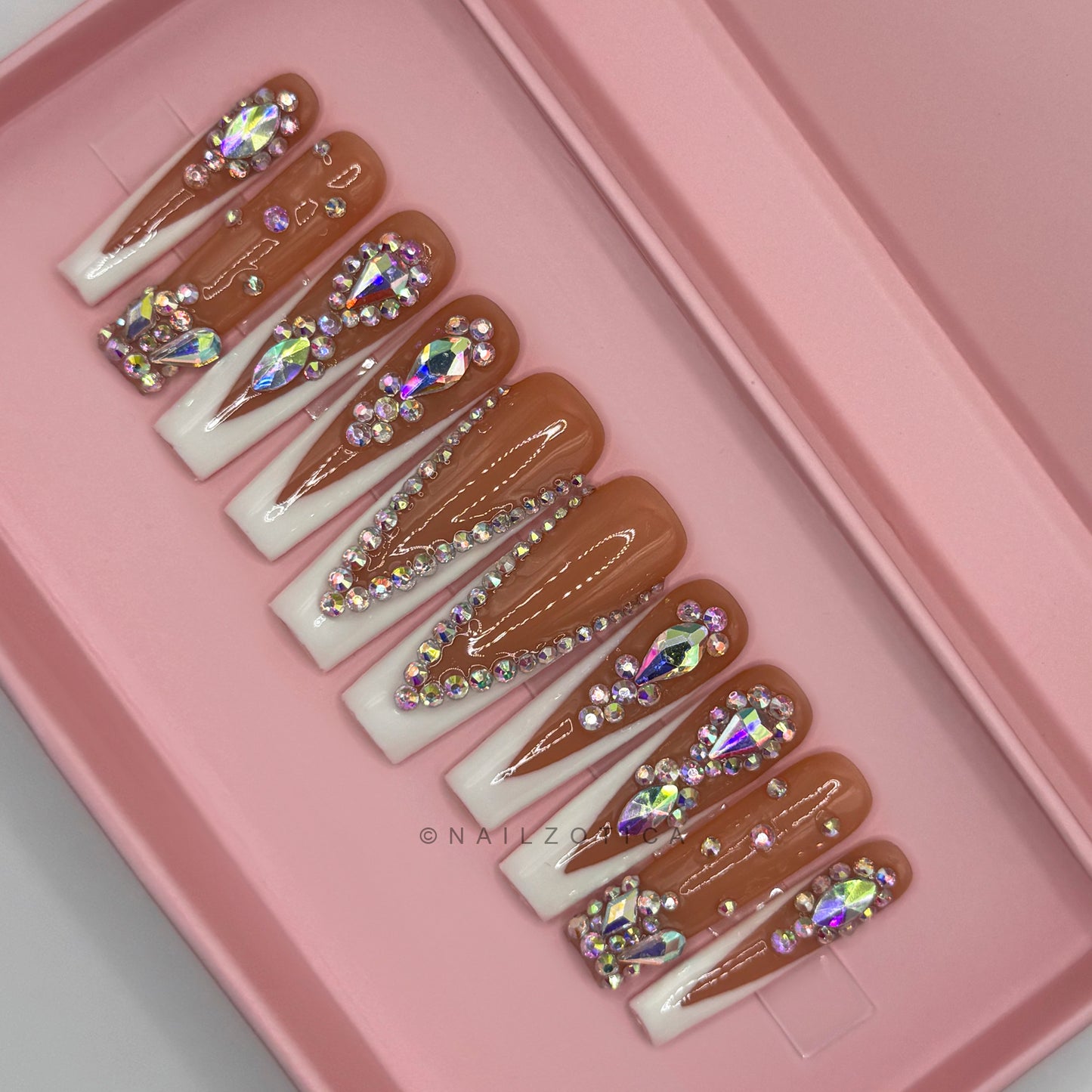 Gemorous - Long Length 40mm French Tip Natural Transparent Nude Base Black White Tapered Square Shape Silver Rhinestone Reusable Acrylic Gel UV Hand-Painted High Quality Handmade Luxury Press On Nails