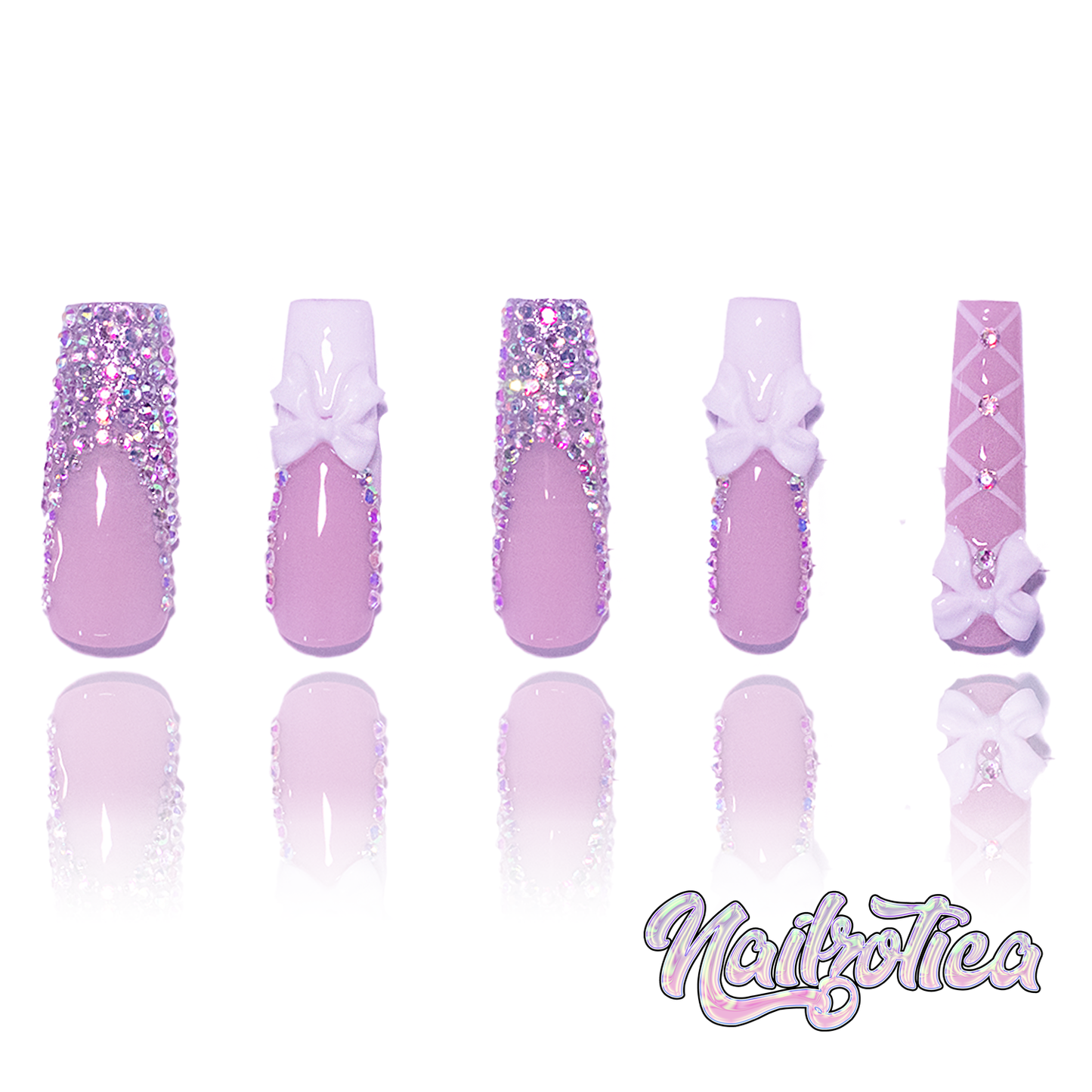 Bowtiful - Medium Length 35mm French Tip White Pink Base Square Shape Bow Charm Silver Rhinestone Lace High Quality Reusable Acrylic Gel UV Handmade Luxury Press On Nails (Custom)