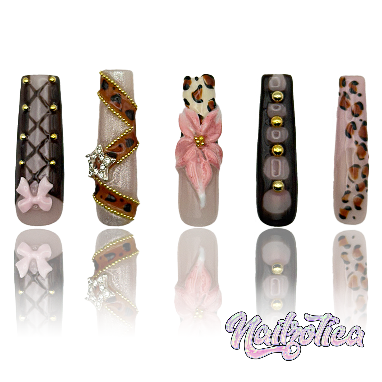 Coquette Cutie - Long Length 40mm Square Shape Brown Animal Print 3D Flower Rhinestone Bow Charms Reusable Acrylic Gel UV High Quality Handmade Luxury Press On Nails (Custom)