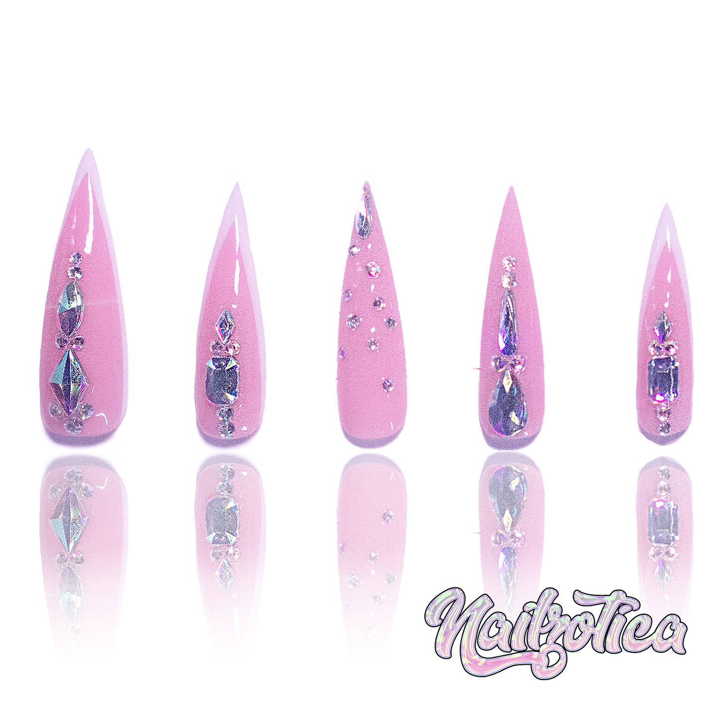 Diamond Stiletto - Long Length 40mm Stiletto Pointy Shape Pink Base White French Silver Rhinestone Reusable Acrylic Gel UV High Quality Handmade Luxury Press On Stiletto Nails (Custom)