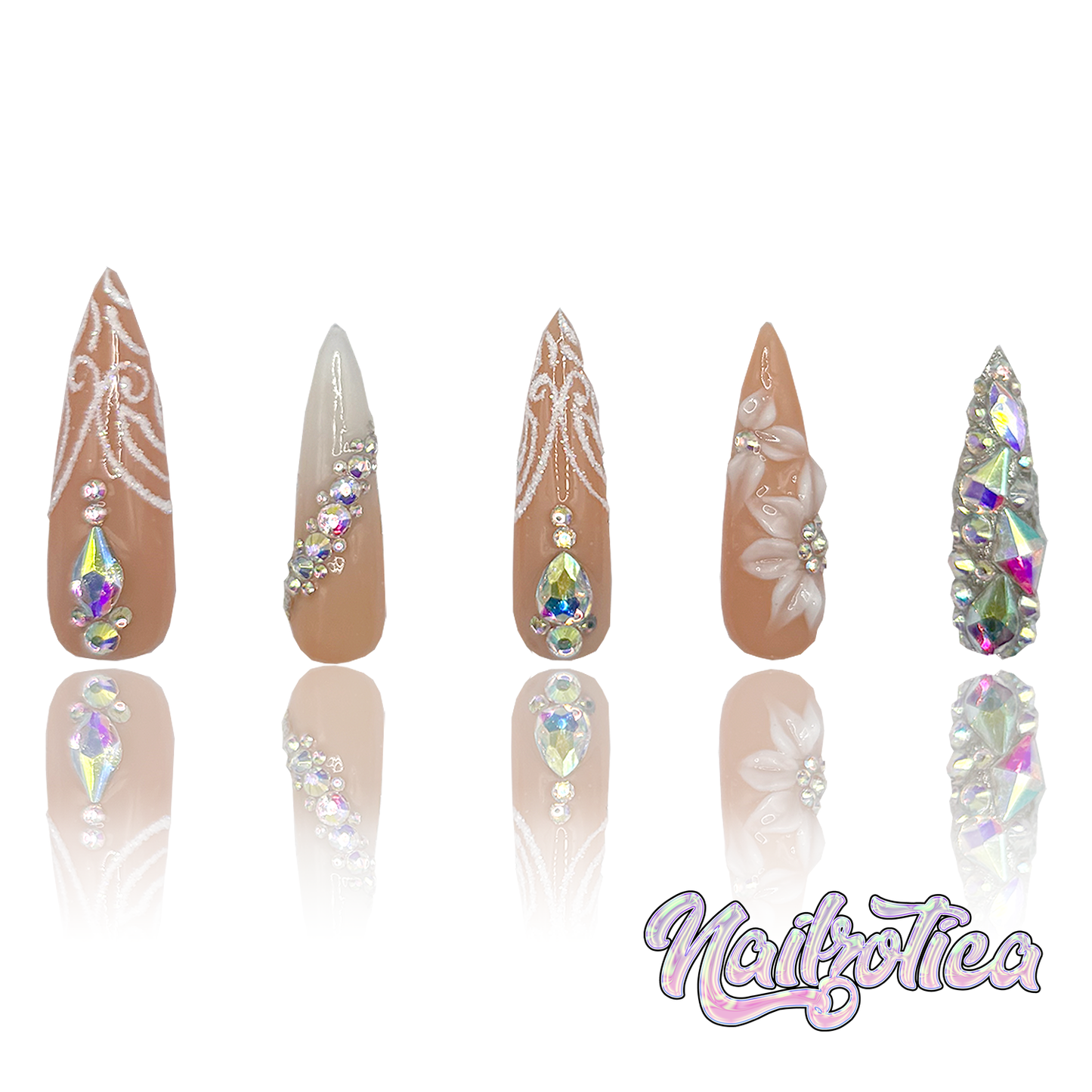Fancy Floral - Long Length 40mm Stiletto Pointy Shape Nude Base 3D Flower Glitter Rhinestone Reusable Acrylic Gel UV High Quality Handmade Luxury Press On Stiletto Nails (Custom)