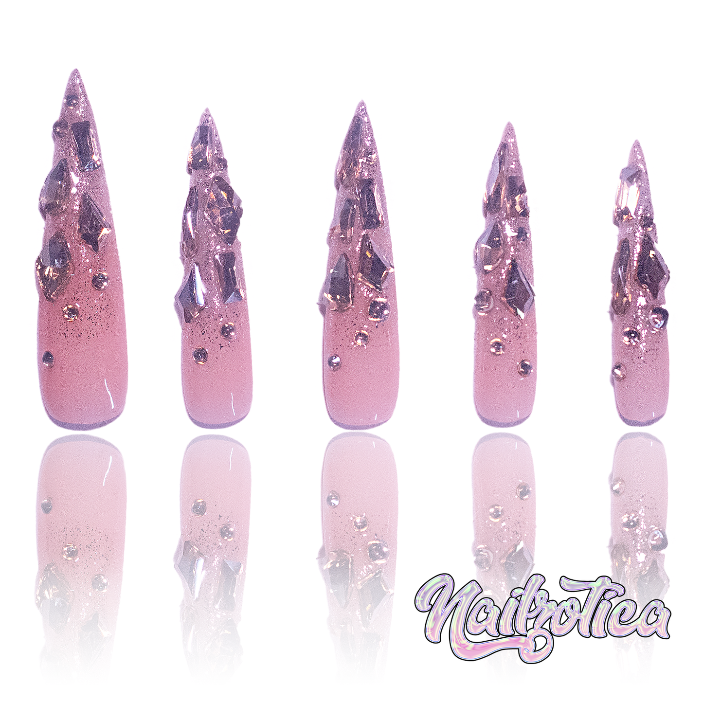 Gilded Gold - Extra Long Length 50mm Stiletto Medium Length Duck Shape Transparent Nude Base Glitter Ombre Gold Rhinestone Reusable Acrylic Gel UV Hand-Painted High QualityHandmade Luxury Press On Nails (Custom)