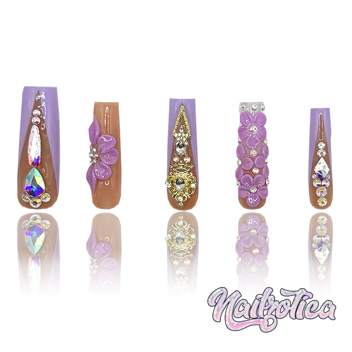 Petal Princess - Long Length 40mm 3D Flower Purple & White Silver Rhinestone Reusable Acrylic Gel UV Hand-Painted High Quality Handmade Luxury Press On Nails (Custom)