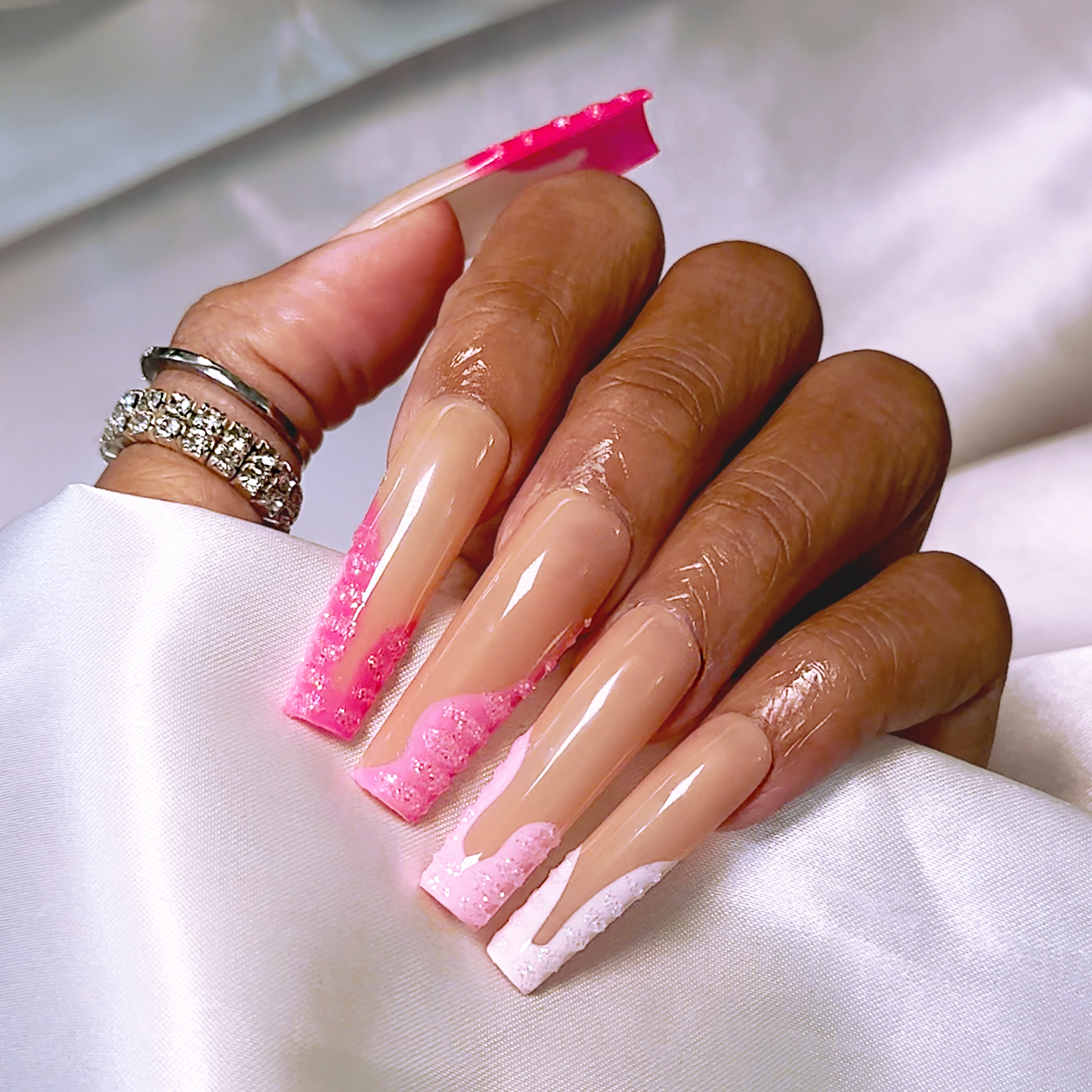50 Shades of Pink - Long Length 40mm Pink Glitter Reusable Acrylic Gel UV Ballerina Shape High Quality Handmade Luxury Press On Nails