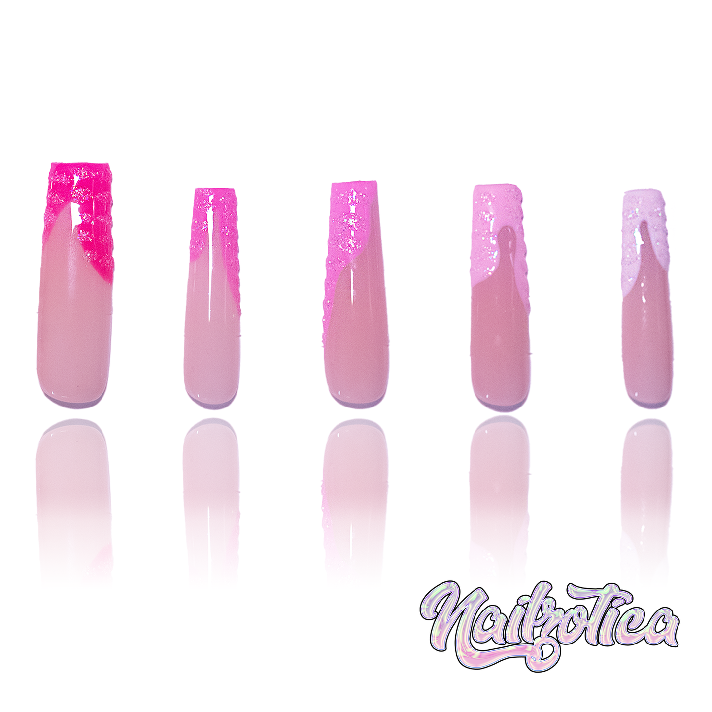 50 Shades of Pink - Long Length 40mm Pink Glitter Reusable Acrylic Gel UV Ballerina Shape High Quality Handmade Luxury Press On Nails