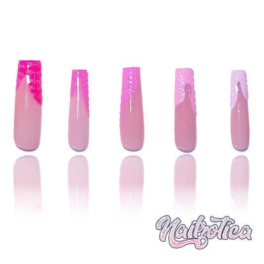 50 Shades of Pink - Long Length 40mm Pink Glitter Reusable Acrylic Gel UV Ballerina Shape High Quality Handmade Luxury Press On Nails