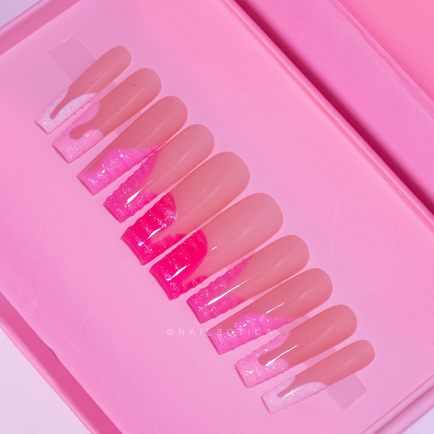 50 Shades of Pink - Long Length 40mm Pink Glitter Reusable Acrylic Gel UV Ballerina Shape High Quality Handmade Luxury Press On Nails