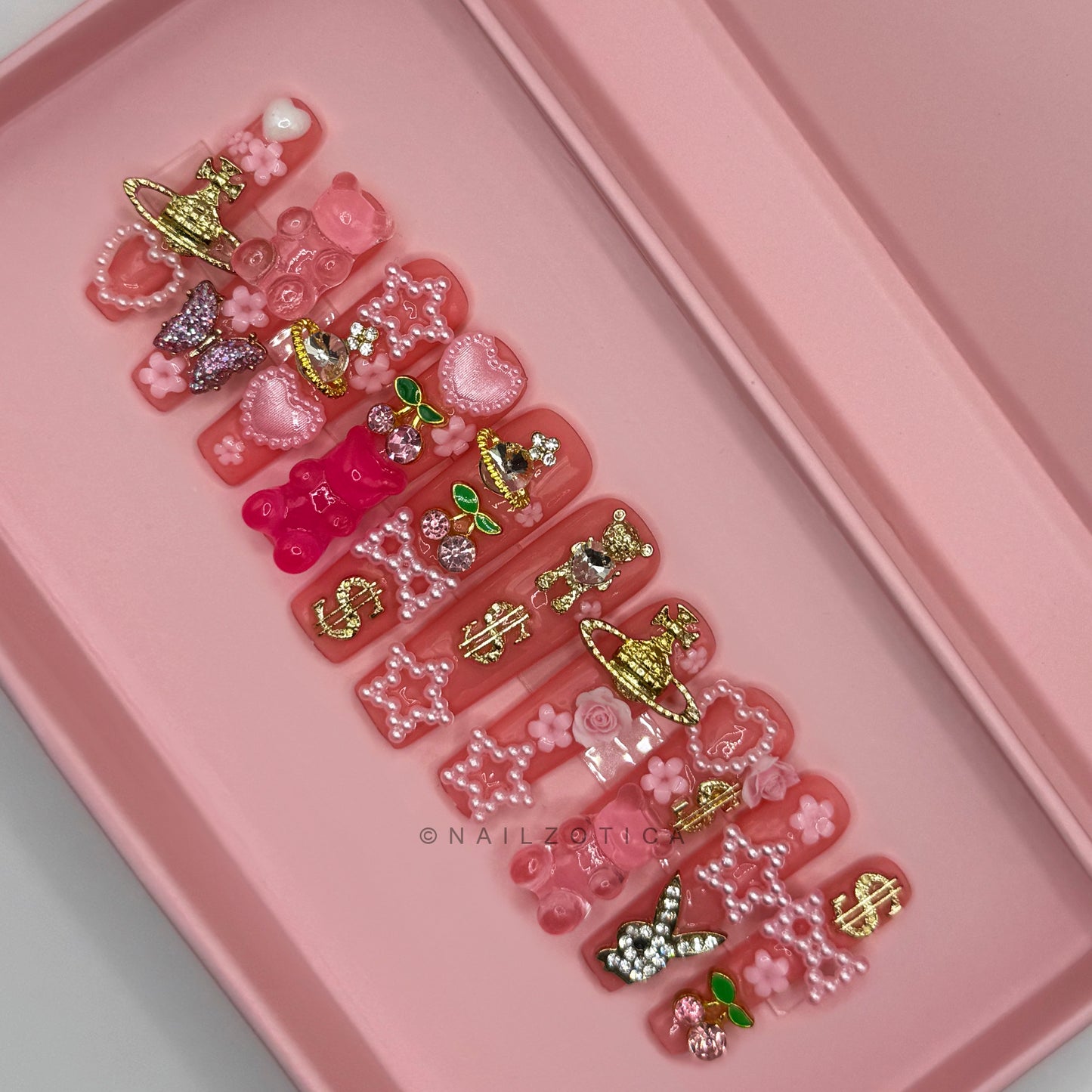 Charm Couture - Long Length 40mm Pink Square Shape Multi-Charm Acrylic Reusable UV Gel High Quality Handmade Luxury Press On Nails