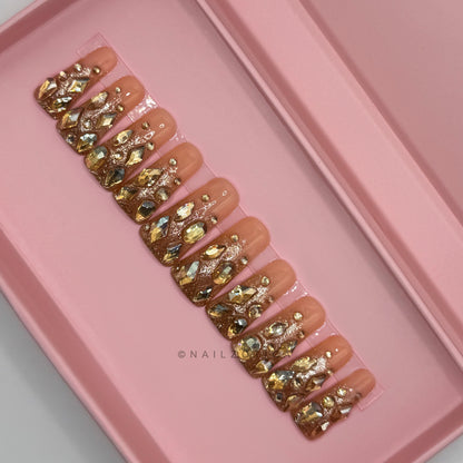 Gilded Gold - Extra Long Length 50mm Stiletto Medium Length Duck Shape Transparent Nude Base Glitter Ombre Gold Rhinestone Reusable Acrylic Gel UV Hand-Painted High QualityHandmade Luxury Press On Nails