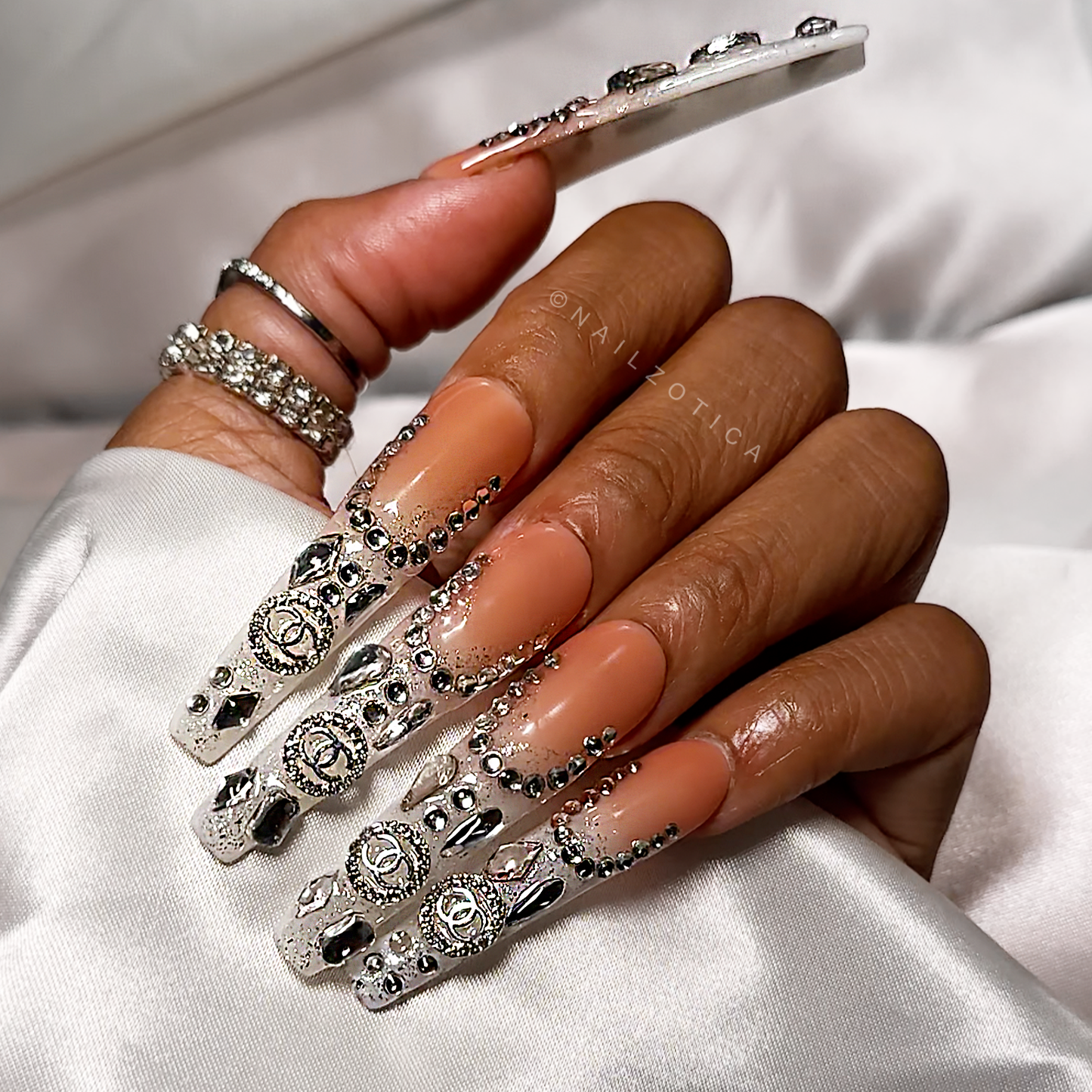 Apparent Luxury - Extra Long Length 55mm Ballerina Shape Silver Rhinestone Reusable Acrylic Gel UV French Tip Ombre Gradient High Quality Handmade Luxury Press On Ballerina Nails