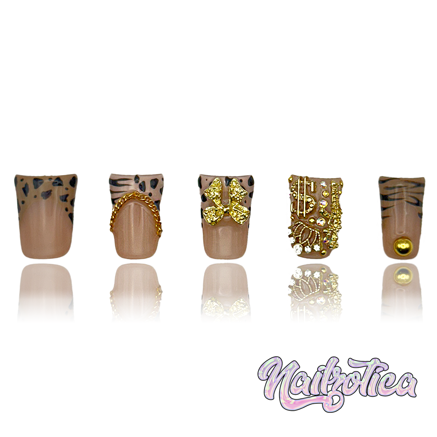 Arrogant Animal - Short Length 25mm Duck Shape Animal Print Gold Charms French Tip Reusable Acrylic Gel UV Hand-Painted High Quality Handmade Luxury Press On Duck Nails (Custom)