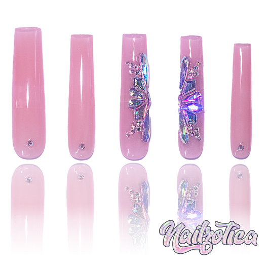Beamin' Butterfly - Extra Long Length 55mm Transparent Base Pink Butterfly Style Silver Rhinestone Reusable Acrylic Gel UV Square Shape High Quality Handmade Luxury Press On Nails