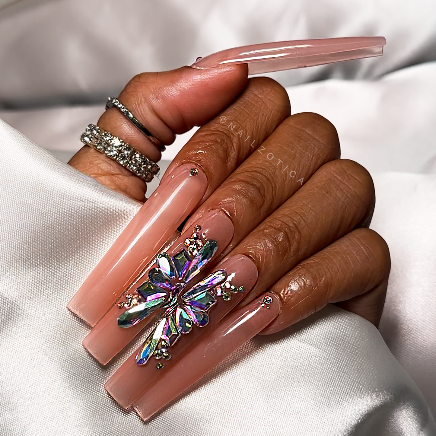Beamin' Butterfly - Extra Long Length 55mm Transparent Base Pink Butterfly Style Silver Rhinestone Reusable Acrylic Gel UV Square Shape High Quality Handmade Luxury Press On Nails