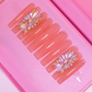 Beamin' Butterfly - Extra Long Length 55mm Transparent Base Pink Butterfly Style Silver Rhinestone Reusable Acrylic Gel UV Square Shape High Quality Handmade Luxury Press On Nails