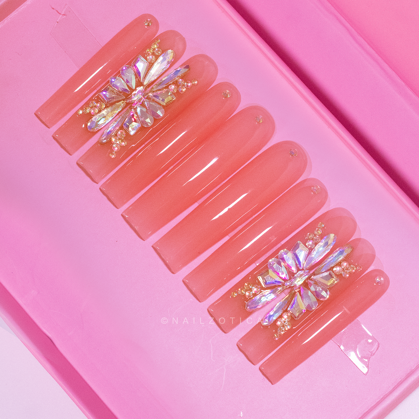 Beamin' Butterfly - Extra Long Length 55mm Transparent Base Pink Butterfly Style Silver Rhinestone Reusable Acrylic Gel UV Square Shape High Quality Handmade Luxury Press On Nails