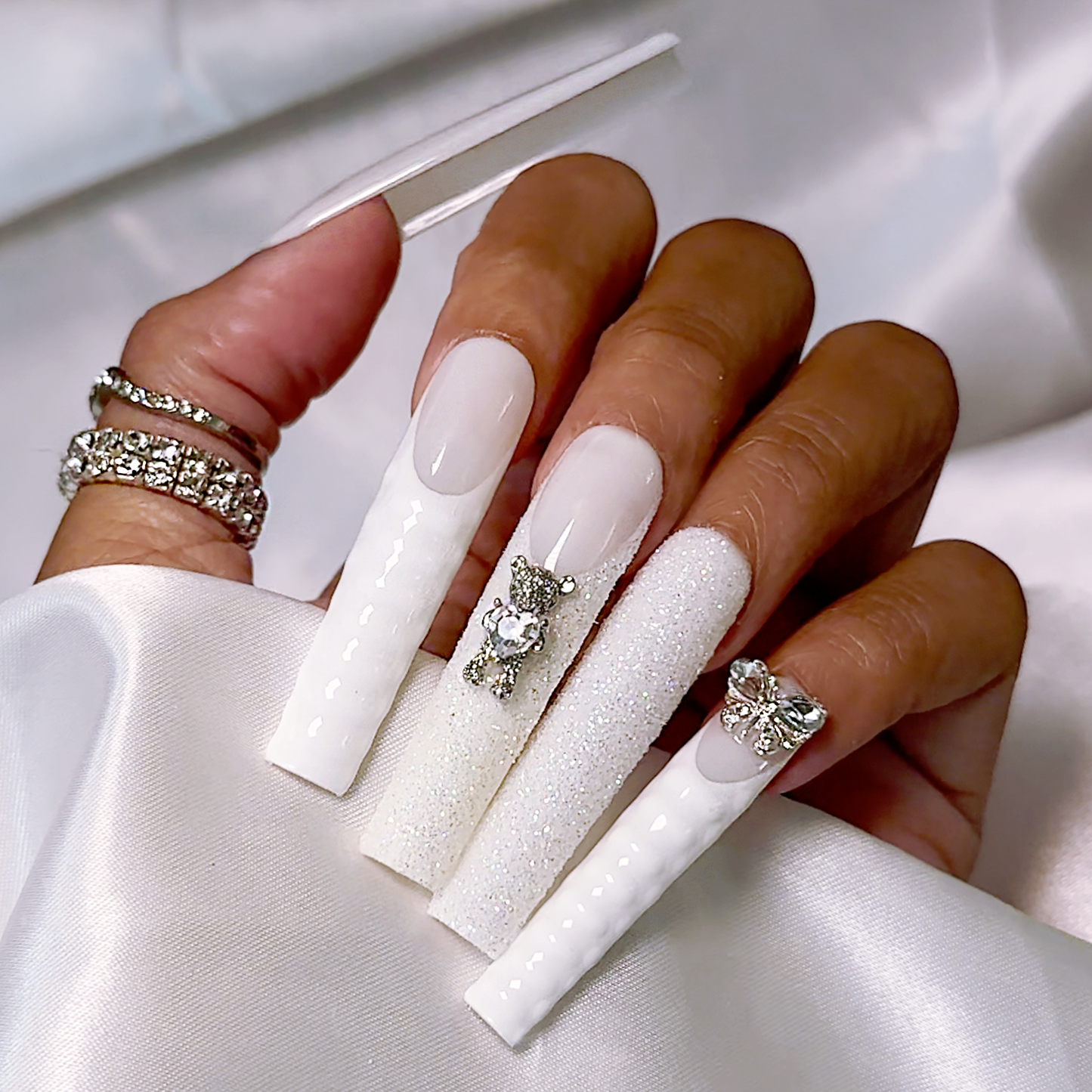 Blanc Beauty - Extra Long Length 55mm White French Tip Glitter Croc Teddy Bear Butterfly Charm Reusable Acrylic Gel UV High Quality Handmade Luxury Press On Nails