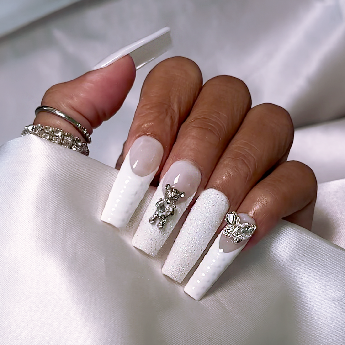 Blanc Beauty - Extra Long Length 55mm White French Tip Glitter Croc Teddy Bear Butterfly Charm Reusable Acrylic Gel UV High Quality Handmade Luxury Press On Nails