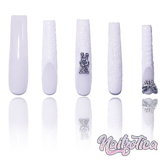 Blanc Beauty - Extra Long Length 55mm White French Tip Glitter Croc Teddy Bear Butterfly Charm Reusable Acrylic Gel UV High Quality Handmade Luxury Press On Nails