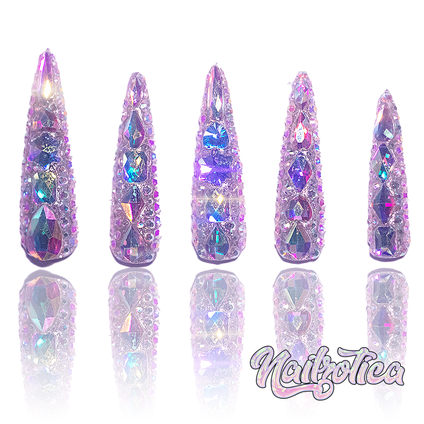Boujie Bling - Extra Long Length 50mm & 55mm Silver Rhinestone Square Stiletto Shape Reusable Acrylic Gel UV High Quality Handmade Luxury Press On Nails