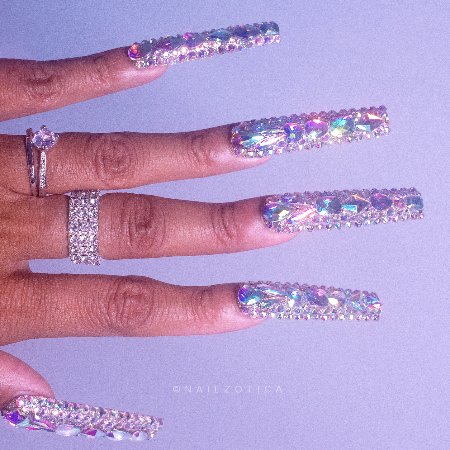 Boujie Bling - Extra Long Length 50mm & 55mm Silver Rhinestone Square Stiletto Shape Reusable Acrylic Gel UV High Quality Handmade Luxury Press On Nails