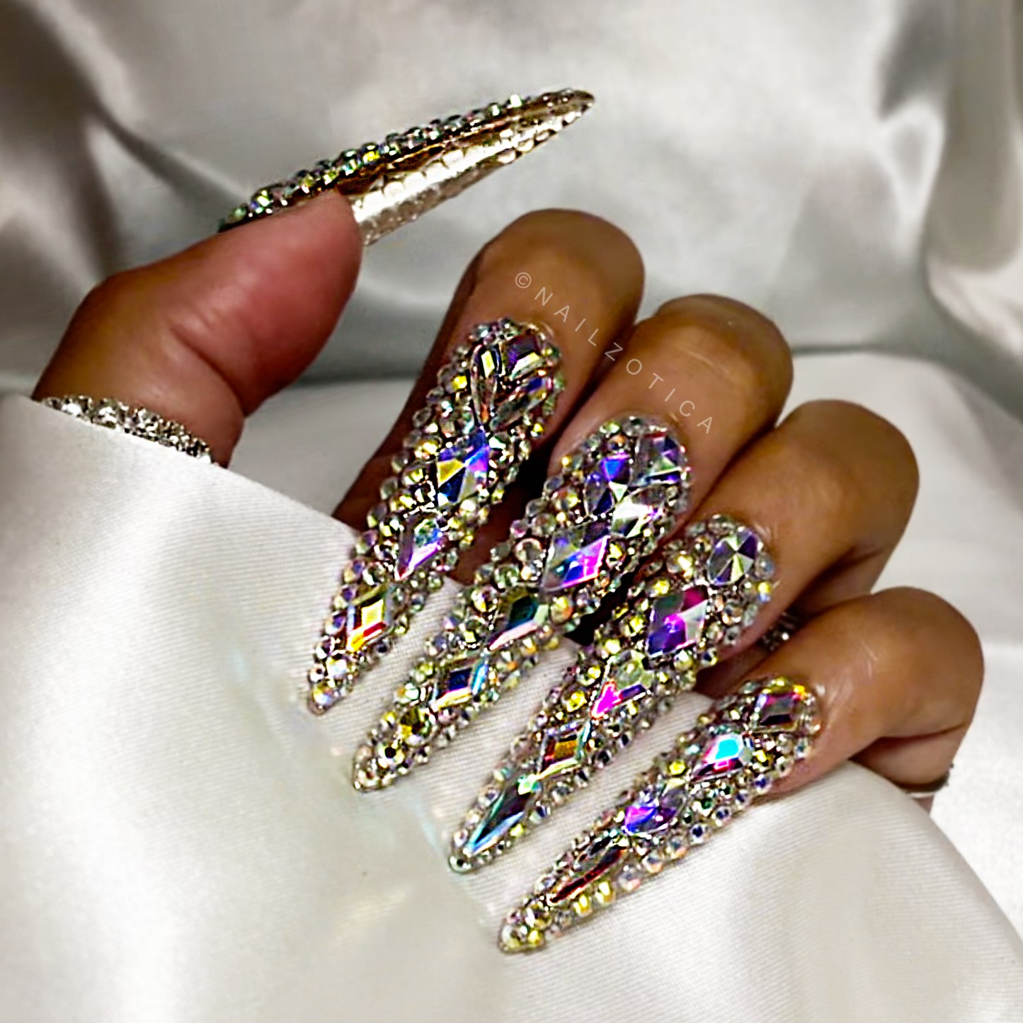 Boujie Bling - Extra Long Length 50mm & 55mm Silver Rhinestone Square Stiletto Shape Reusable Acrylic Gel UV High Quality Handmade Luxury Press On Nails