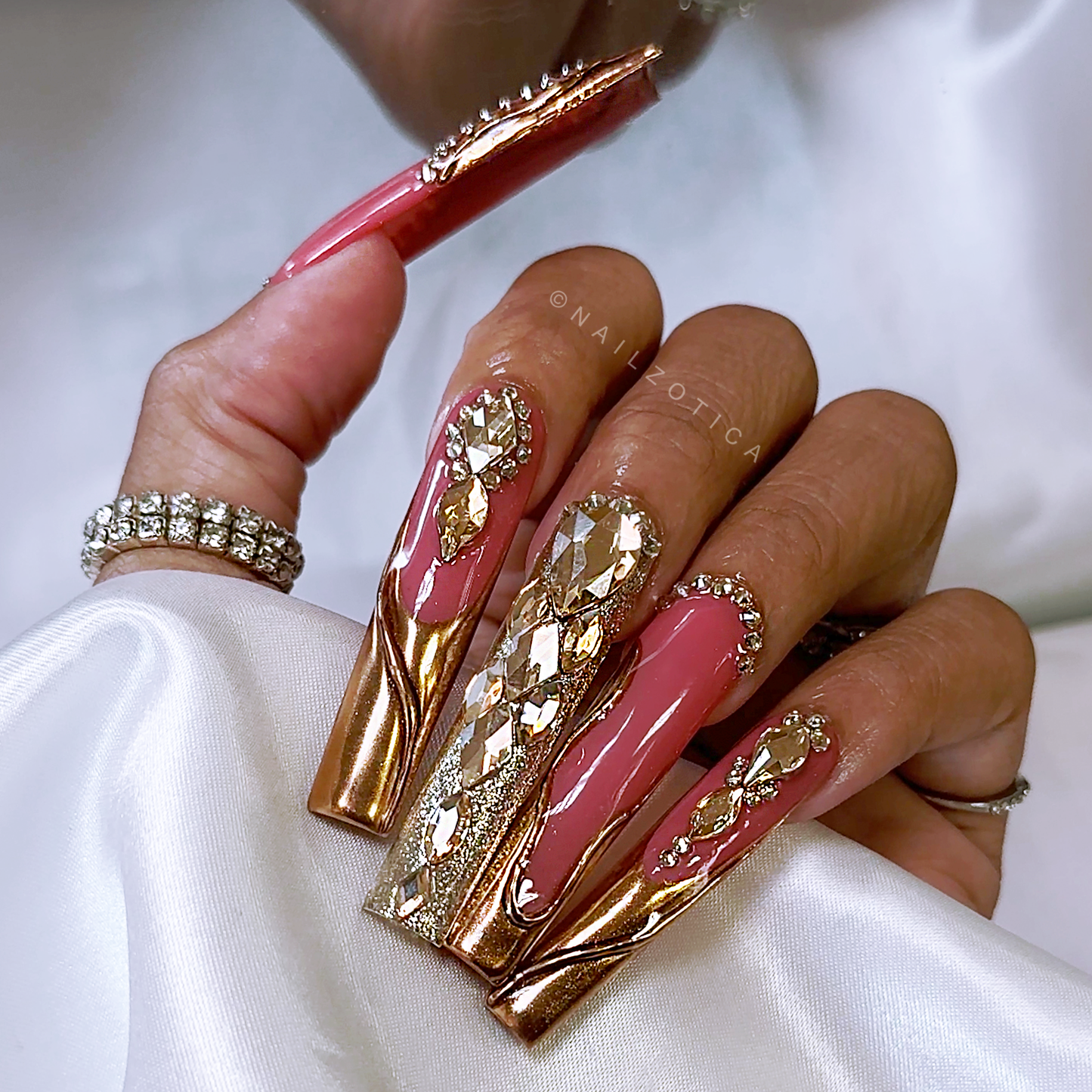 Bronze Baddie - Extra Long Length 55mm 3D Abstract Rhinestone French Tip Gold Color Pink Base Square Shape Reusable Acrylic Gel UV High Quality Handmade Luxury Press On Nails