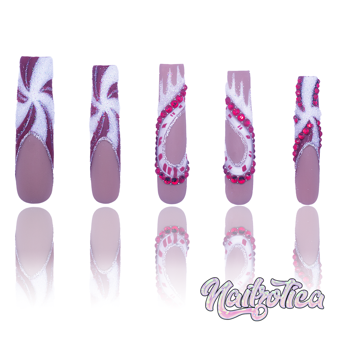 Candy Cane Chic - Extra Long Length 55mm Red and White Peppermint Candy Cane Swirl French Tip Square Shape Red Rhinestones Silver Glitter Reusable Acrylic Gel UV High Quality Handmade Luxury Holiday Edition Christmas Press On Nails