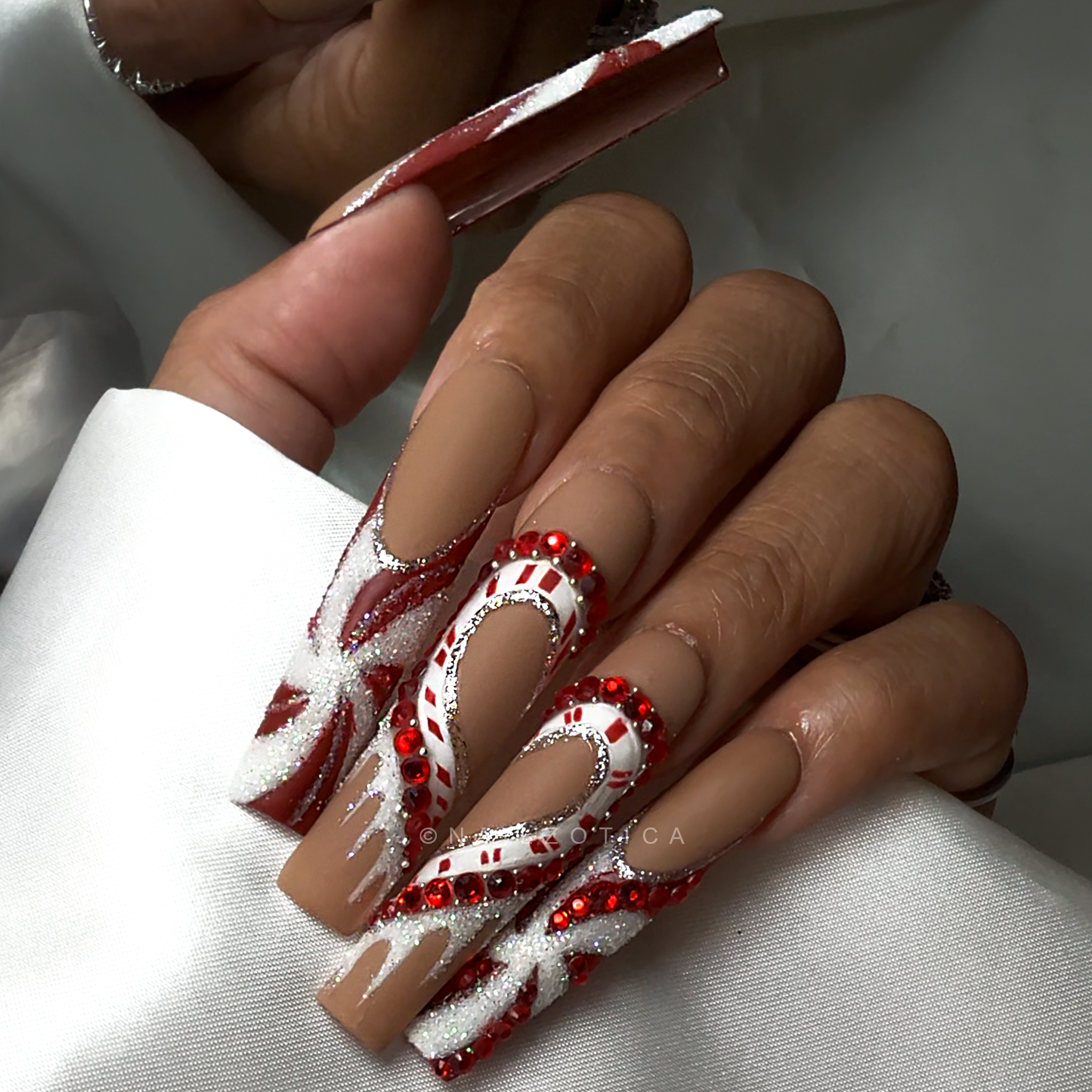 Candy Cane Chic - Extra Long Length 55mm Red and White Peppermint Candy Cane Swirl French Tip Square Shape Red Rhinestones Silver Glitter Reusable Acrylic Gel UV High Quality Handmade Luxury Holiday Edition Christmas Press On Nails
