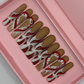 Candy Cane Chic - Extra Long Length 55mm Red and White Peppermint Candy Cane Swirl French Tip Square Shape Red Rhinestones Silver Glitter Reusable Acrylic Gel UV High Quality Handmade Luxury Holiday Edition Christmas Press On Nails