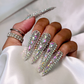 Crystal Queen - Extra Long Length 50mm Stiletto Shape Pointy Silver Rhinestone Reusable Acrylic Gel UV High Quality Handmade Luxury Press On Stiletto Nails