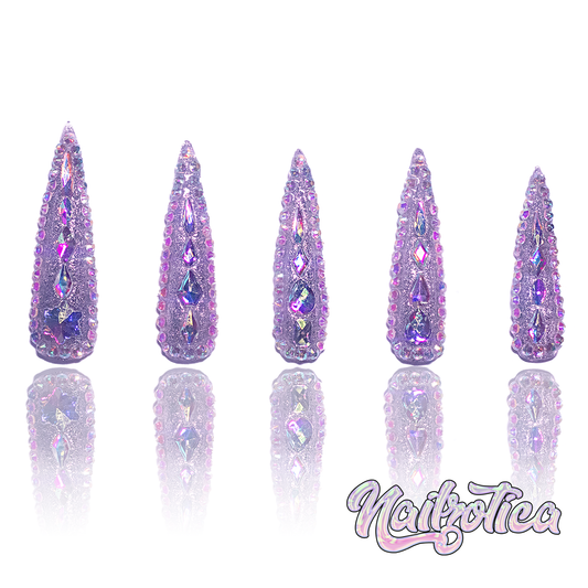 Crystal Queen - Extra Long Length 50mm Stiletto Shape Pointy Silver Rhinestone Reusable Acrylic Gel UV High Quality Handmade Luxury Press On Stiletto Nails