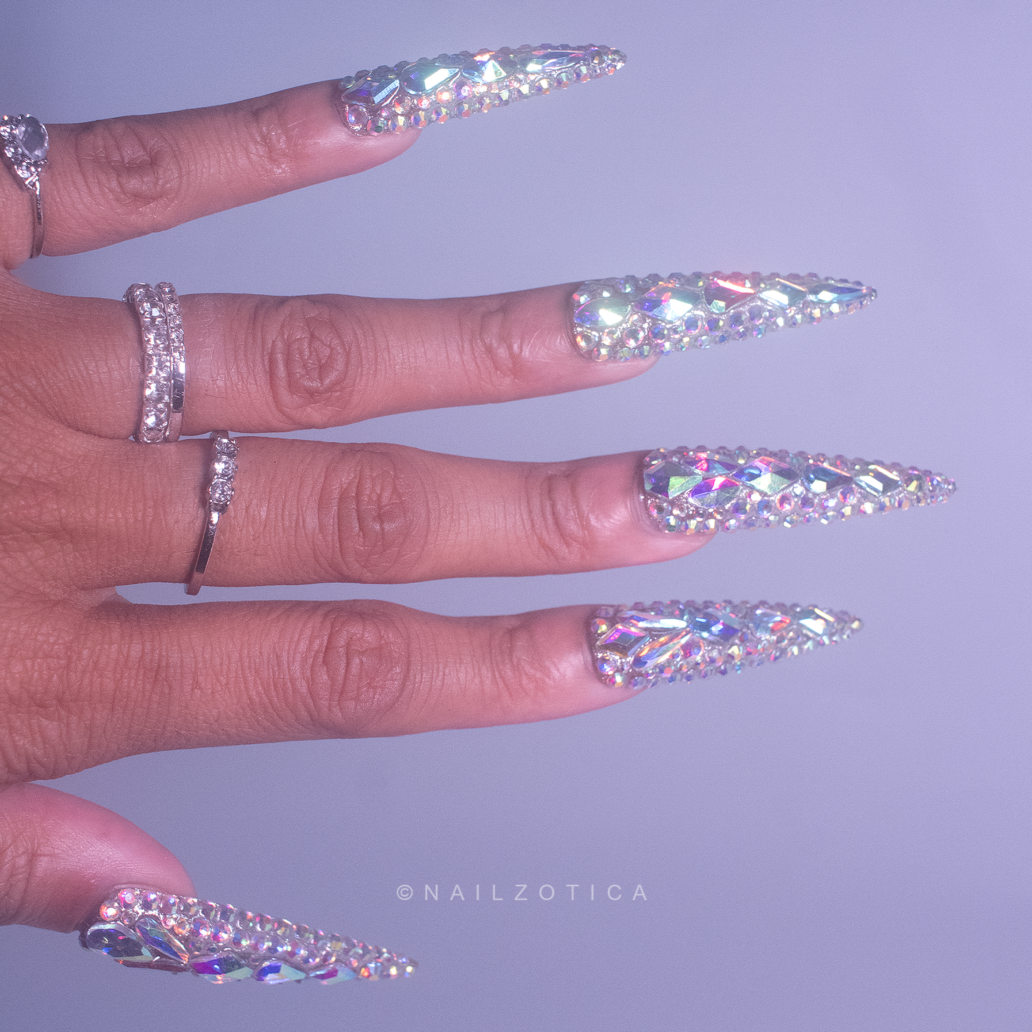 Boujie Bling - Extra Long Length 50mm & 55mm Silver Rhinestone Square Stiletto Shape Reusable Acrylic Gel UV High Quality Handmade Luxury Press On Nails