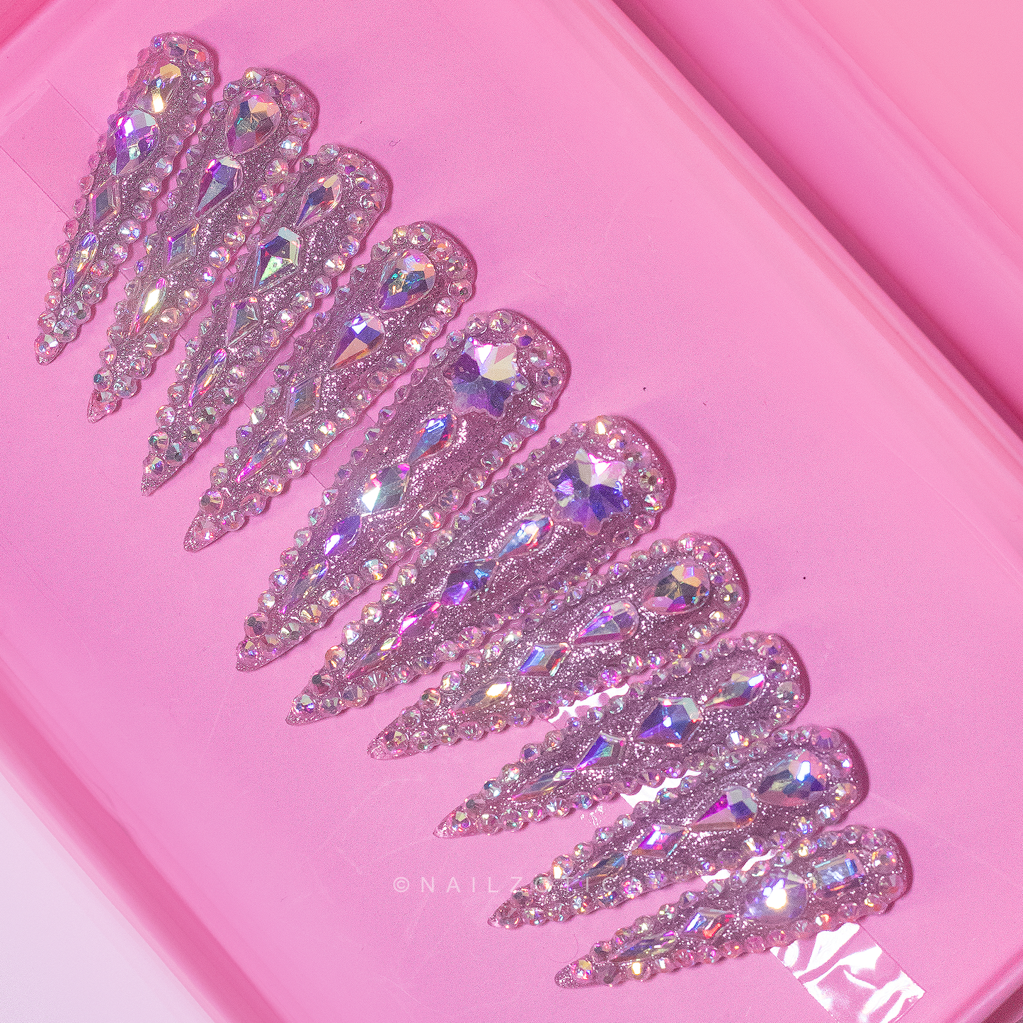 Crystal Queen - Extra Long Length 50mm Stiletto Shape Pointy Silver Rhinestone Reusable Acrylic Gel UV High Quality Handmade Luxury Press On Stiletto Nails