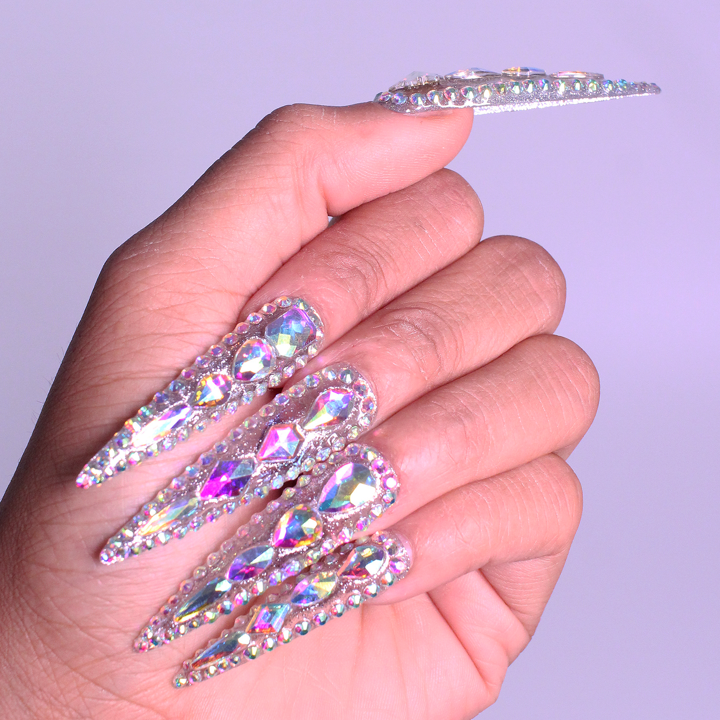 Crystal Queen - Extra Long Length 50mm Stiletto Shape Pointy Silver Rhinestone Reusable Acrylic Gel UV High Quality Handmade Luxury Press On Stiletto Nails