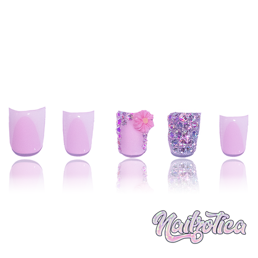 Daisy Duckies - Short Length 25mm Tapered Duck Shape French Tip Pink Base Flower Charm Silver Rhinestone Reusable Acrylic Gel UV High Quality Handmade Luxury Press On Duck Nails