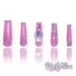 Diamond Deviant - Long Length 40mm Square Shape Pink Glitter Base Silver Rhinestone Gun Jewel Charm Reusable Acrylic Gel UV High Quality Handmade Luxury Press On Nails