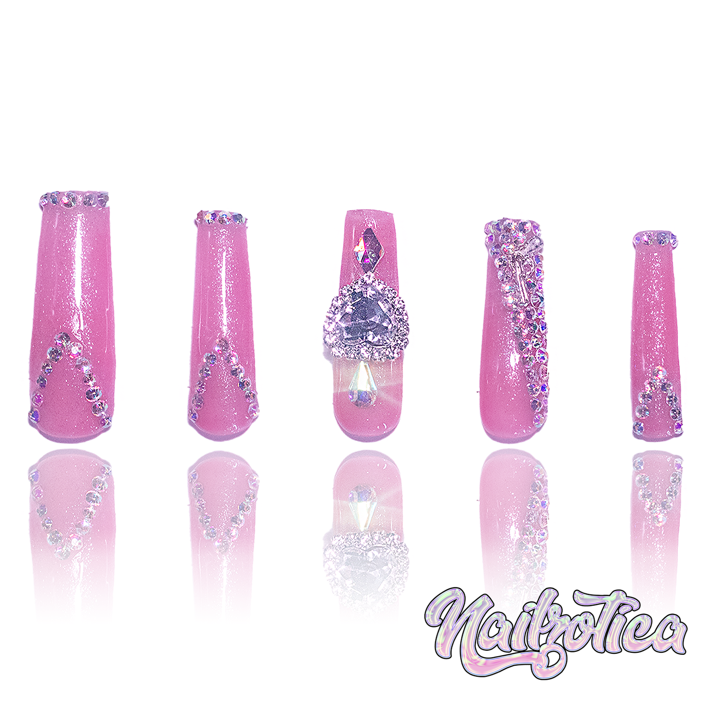 Diamond Deviant - Long Length 40mm Square Shape Pink Glitter Base Silver Rhinestone Gun Jewel Charm Reusable Acrylic Gel UV High Quality Handmade Luxury Press On Nails (Custom)