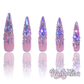 Diamond Frenzy - Long Length 40mm Stiletto Pointy Shape Transparent Nude Base Natural Looking Silver Rhinestone Reusable Acrylic Gel UV High Quality Handmade Luxury Press On Stiletto Nails