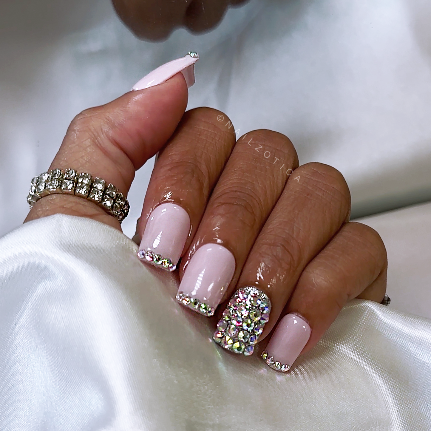 Diamond Diva - Short Length 20mm Square Shape Pink Base Silver Rhinestone Reusable Acrylic Gel UV High Quality Handmade Luxury Press On Nails