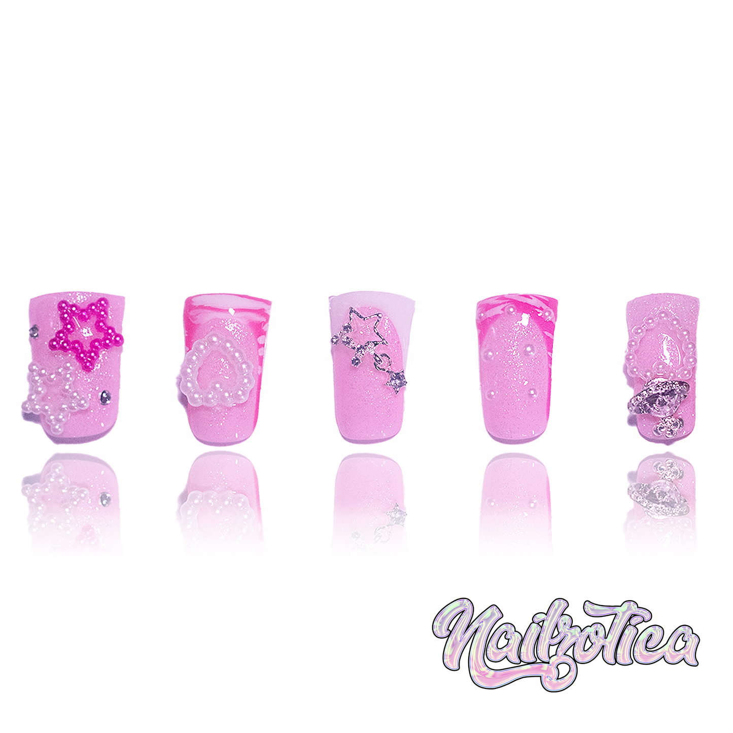 Diva Duckies - Short Length 25mm Square Shape Pink Pearl Heart Star Planet Charm Silver Star Rhinestone French Tip Animal Croc Zebra Print Hand-Painted Reusable Acrylic Gel UV High Quality Handmade Luxury Press On Duck Nails