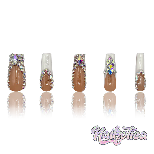 Fabulous French - Medium Length 35mm Square Shape White French Tip Silver Rhinestone Reusable Acrylic Gel UV High Quality Handmade Luxury Press On Nails
