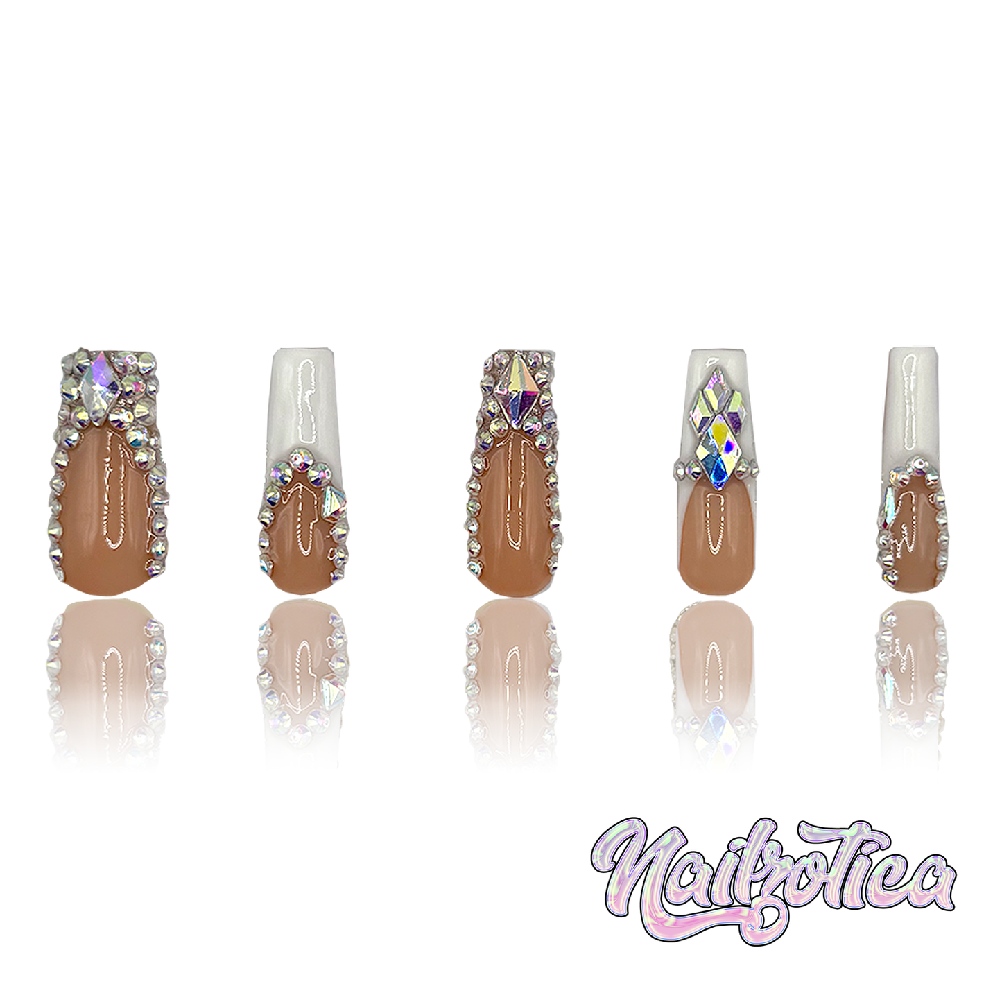 Fabulous French - Medium Length 35mm Square Shape White French Tip Silver Rhinestone Reusable Acrylic Gel UV High Quality Handmade Luxury Press On Nails (Custom)