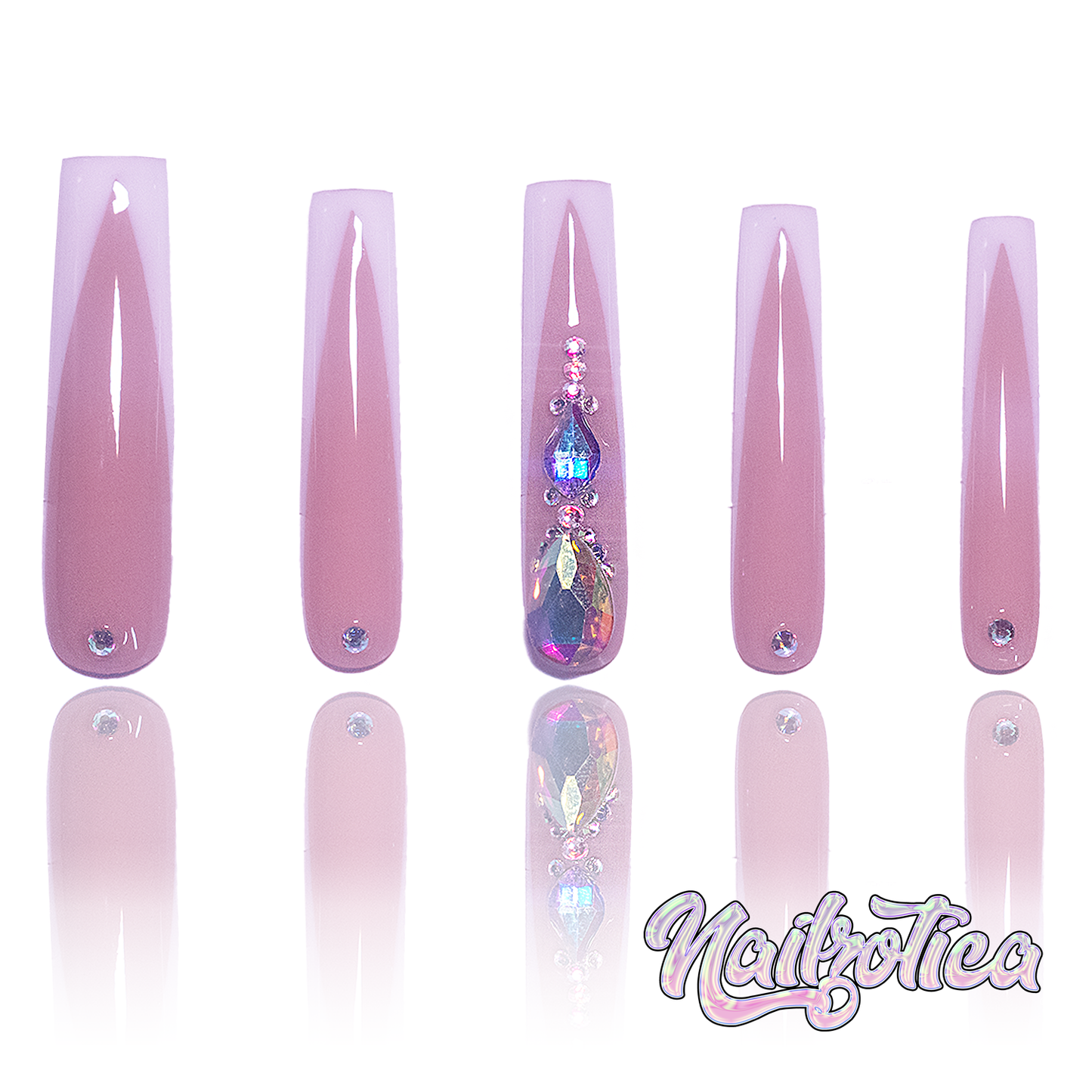 Fancy French - Extra Long Length 55mm Square Shape French Tip White Silver Rhinestone Reusable Acrylic Gel UV Hand-Painted High Quality Handmade Luxury Press On Nails