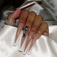 Fancy French - Extra Long Length 55mm Square Shape French Tip White Silver Rhinestone Reusable Acrylic Gel UV Hand-Painted High Quality Handmade Luxury Press On Nails
