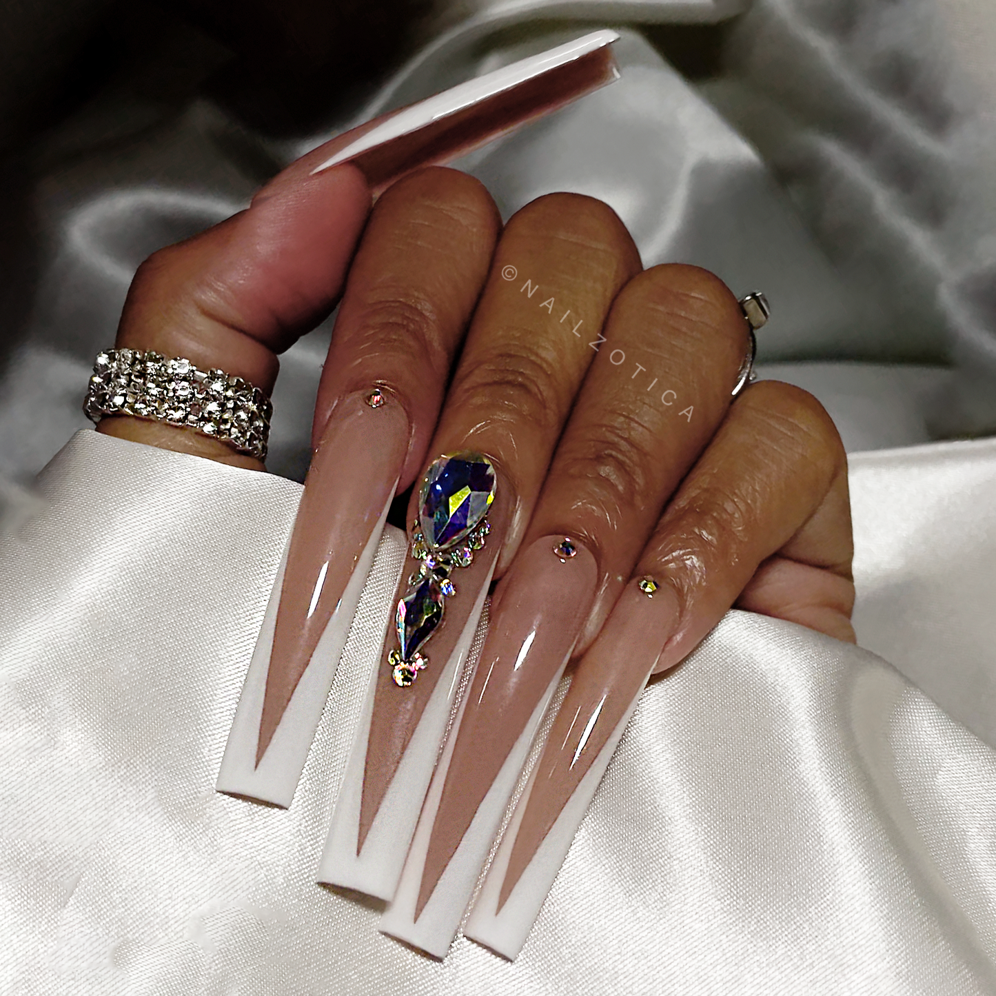 Fancy French - Extra Long Length 55mm Square Shape French Tip White Silver Rhinestone Reusable Acrylic Gel UV Hand-Painted High Quality Handmade Luxury Press On Nails