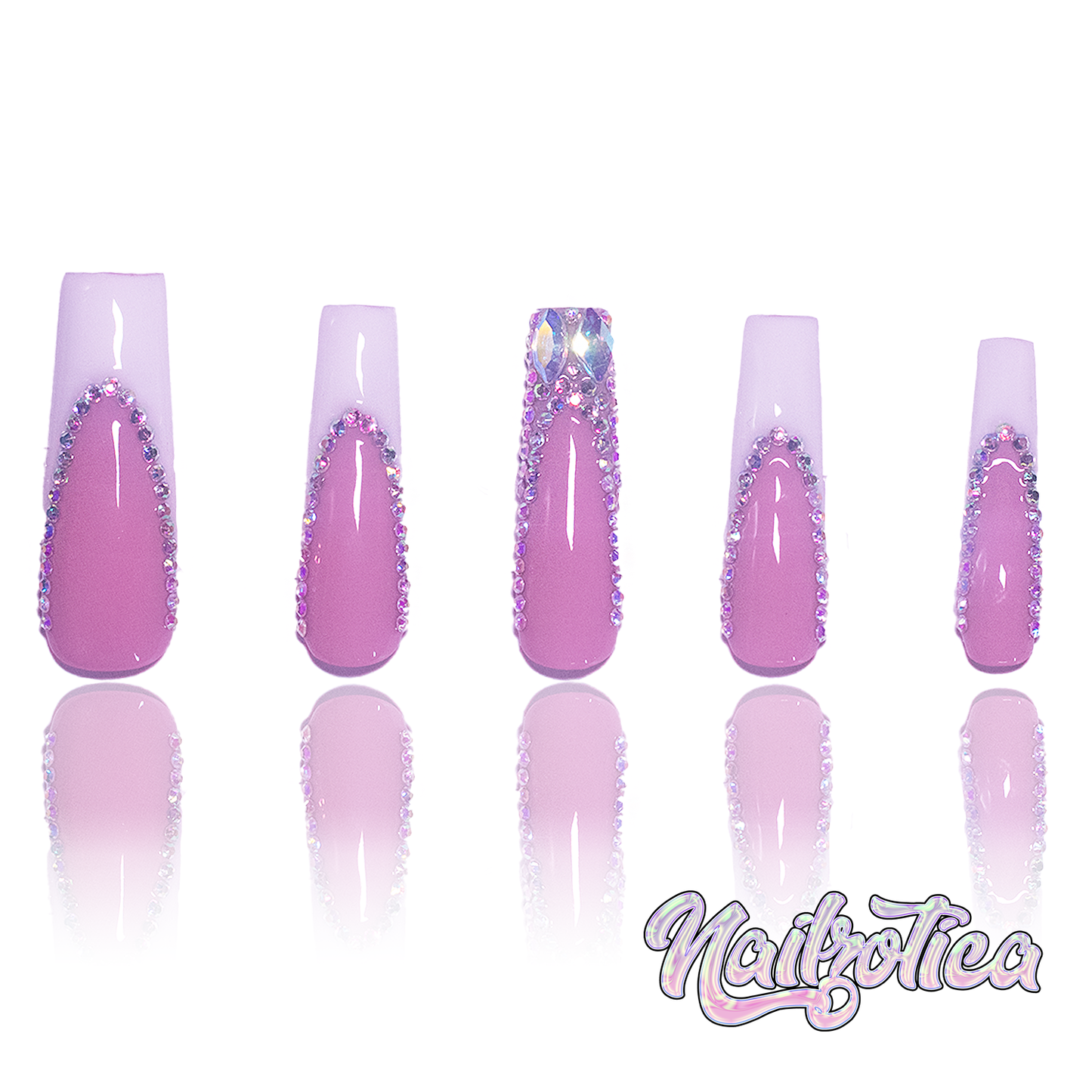 French & Fancy - Long Length 40mm Square Shape White French Tip Pink Base Silver Rhinestone Reusable Acrylic Gel UV Hand-Painted High Quality Handmade Luxury Press On Nails