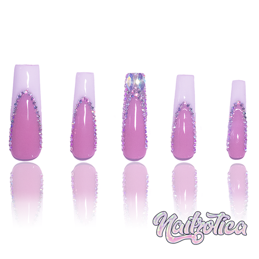 French & Fancy - Long Length 40mm Square Shape White French Tip Pink Base Silver Rhinestone Reusable Acrylic Gel UV Hand-Painted High Quality Handmade Luxury Press On Nails