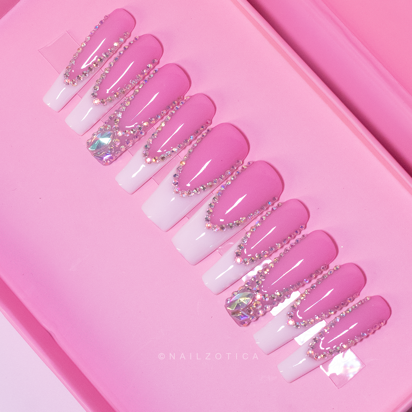 French & Fancy - Long Length 40mm Square Shape White French Tip Pink Base Silver Rhinestone Reusable Acrylic Gel UV Hand-Painted High Quality Handmade Luxury Press On Nails