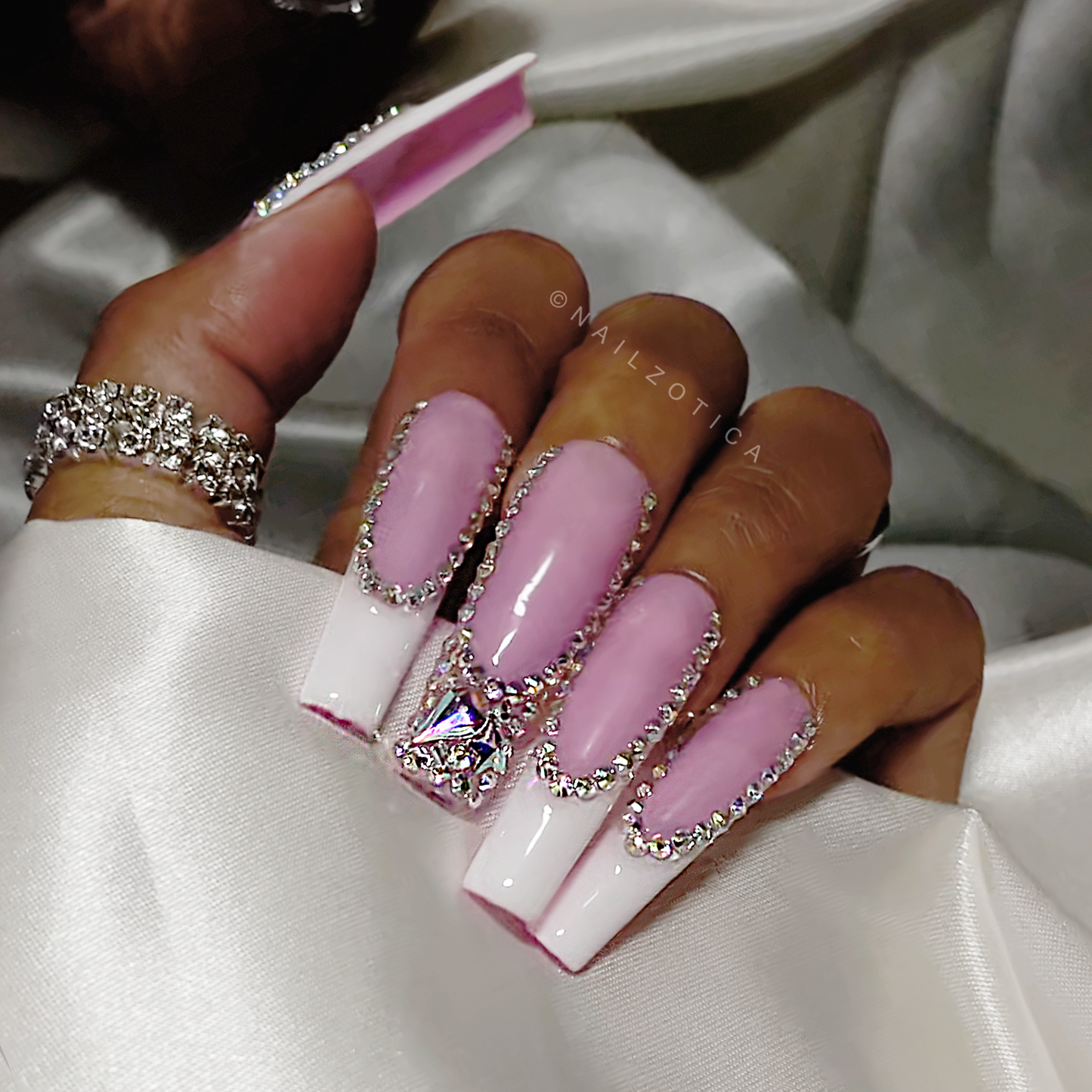 French & Fancy - Long Length 40mm Square Shape White French Tip Pink Base Silver Rhinestone Reusable Acrylic Gel UV Hand-Painted High Quality Handmade Luxury Press On Nails