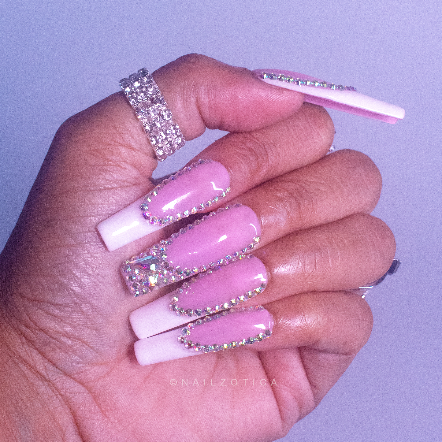 French & Fancy - Long Length 40mm Square Shape White French Tip Pink Base Silver Rhinestone Reusable Acrylic Gel UV Hand-Painted High Quality Handmade Luxury Press On Nails